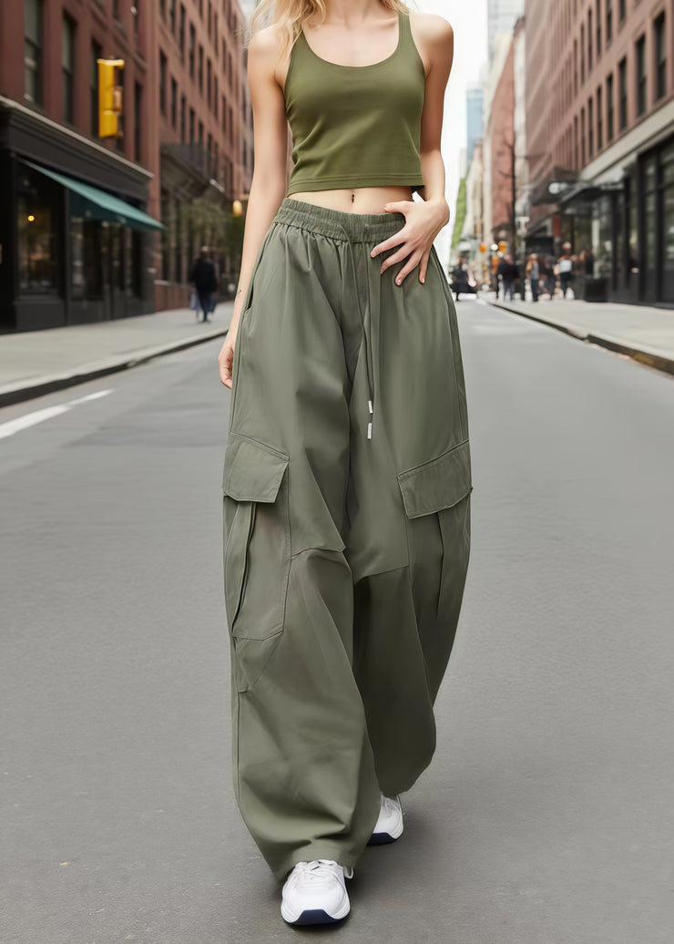 Cool Army Green Oversized With Pockets Cotton Pants Fall