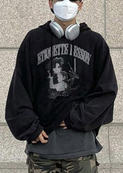 Cool Black Hooded Print Cotton Men Sweatshirt Spring