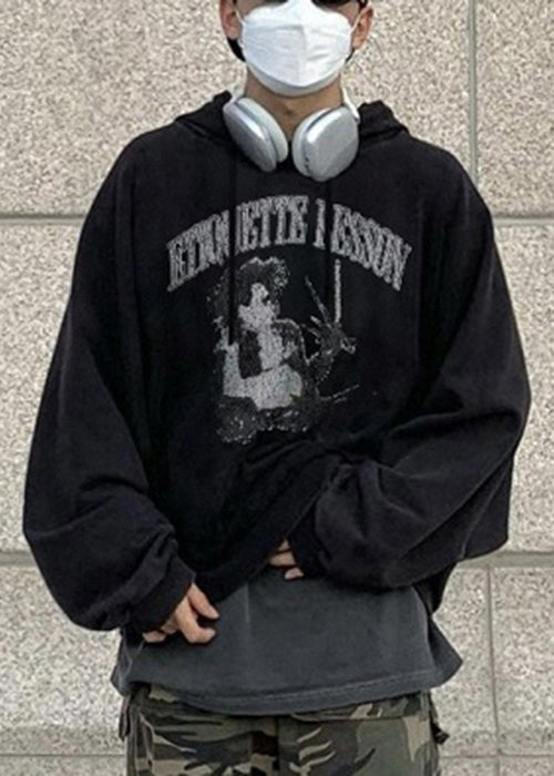 Cool Black Hooded Print Cotton Men Sweatshirt Spring