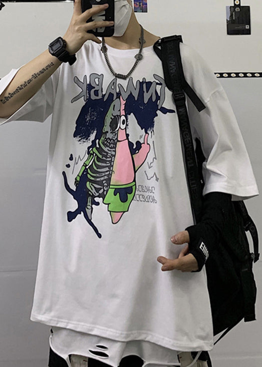 Cool Black O Neck Cartoon Print Cotton T Shirts Men Half Sleeve