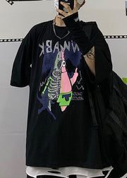 Cool Black O Neck Cartoon Print Cotton T Shirts Men Half Sleeve