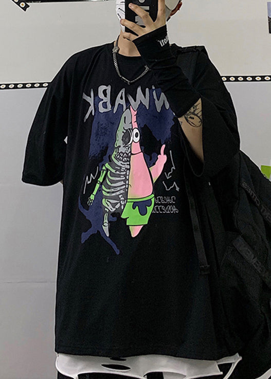Cool Black O Neck Cartoon Print Cotton T Shirts Men Half Sleeve