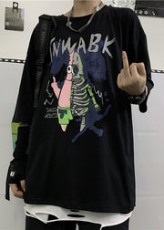 Cool Black O Neck Cartoon Print Cotton T Shirts Men Half Sleeve