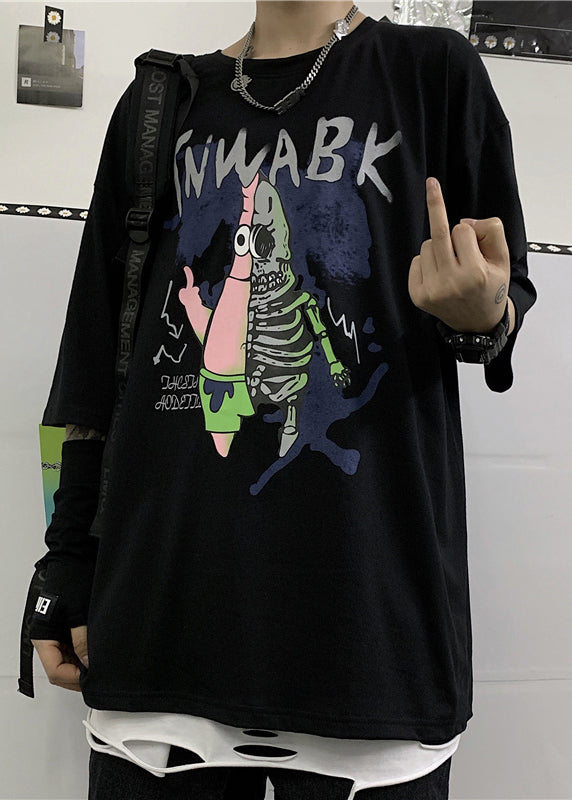 Cool Black O Neck Cartoon Print Cotton T Shirts Men Half Sleeve