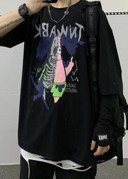 Cool Black O Neck Cartoon Print Cotton T Shirts Men Half Sleeve