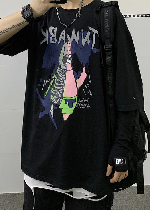 Cool Black O Neck Cartoon Print Cotton T Shirts Men Half Sleeve