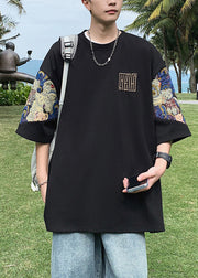 Cool Black O Neck Embroideried Cotton Men's T Shirts Summer