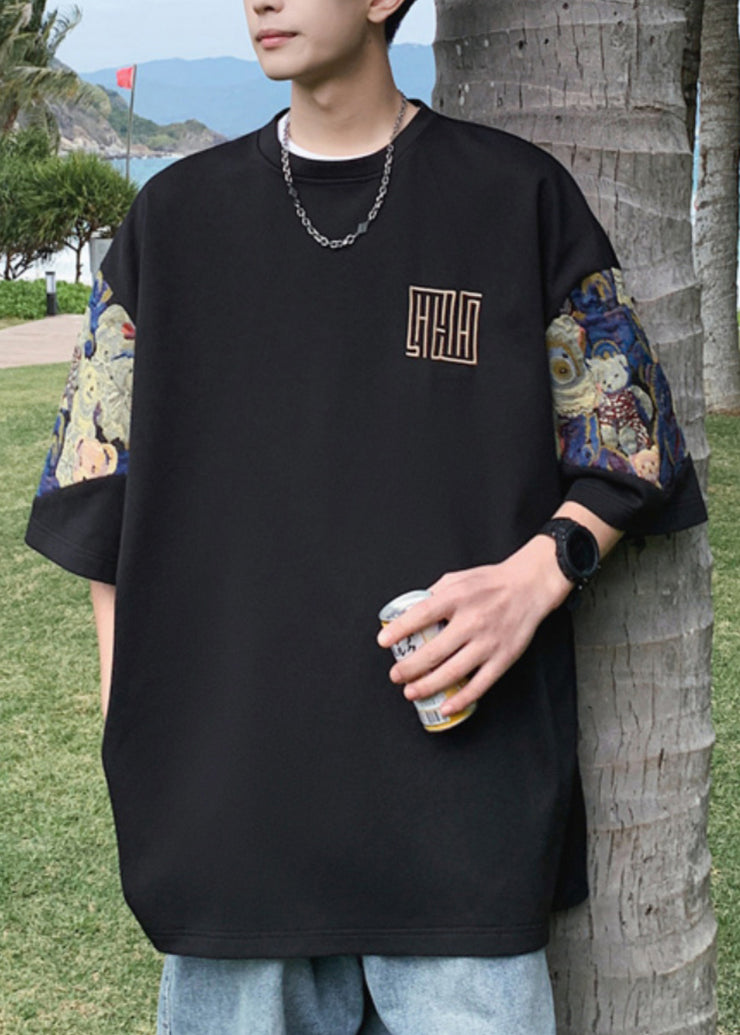 Cool Black O Neck Embroideried Cotton Men&