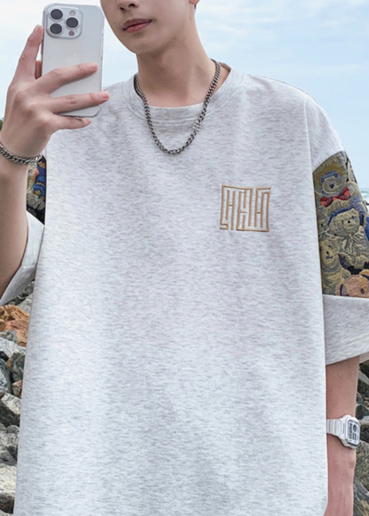 Cool Black O Neck Embroideried Cotton Men&