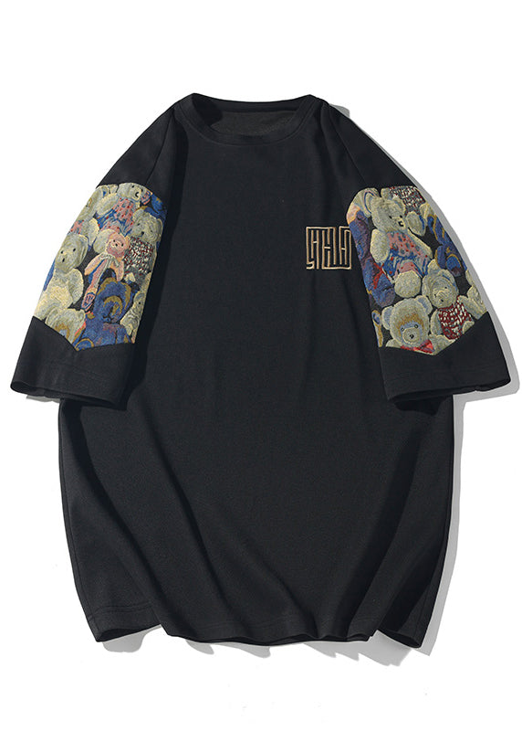 Cool Black O Neck Embroideried Cotton Men&