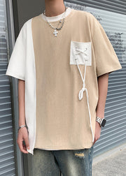 Cool Black O Neck Pockets Patchwork Faux Suede Men T Shirts Half Sleeve