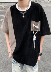 Cool Black O Neck Pockets Patchwork Faux Suede Men T Shirts Half Sleeve