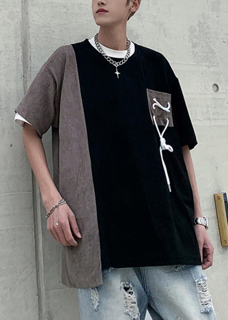 Cool Black O Neck Pockets Patchwork Faux Suede Men T Shirts Half Sleeve