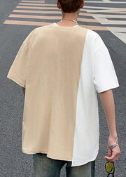 Cool Black O Neck Pockets Patchwork Faux Suede Men T Shirts Half Sleeve