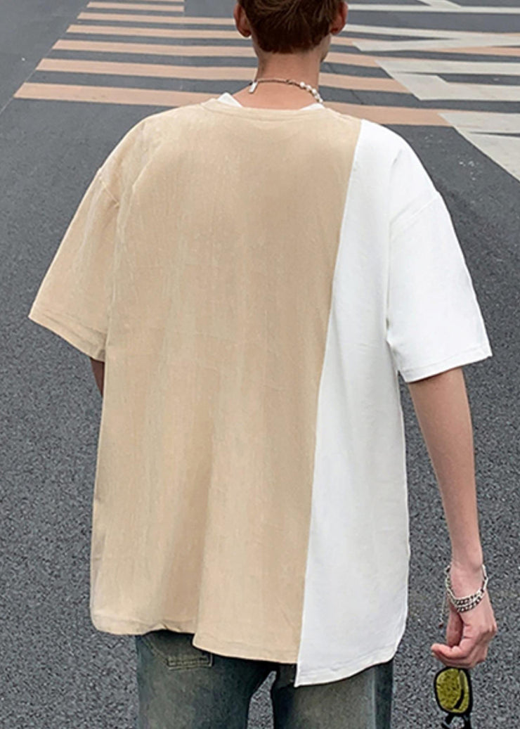 Cool Black O Neck Pockets Patchwork Faux Suede Men T Shirts Half Sleeve