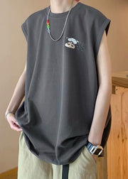 Cool Black O Neck Print Cotton Oversized Tanks Men Summer