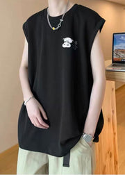 Cool Black O Neck Print Cotton Oversized Tanks Men Summer