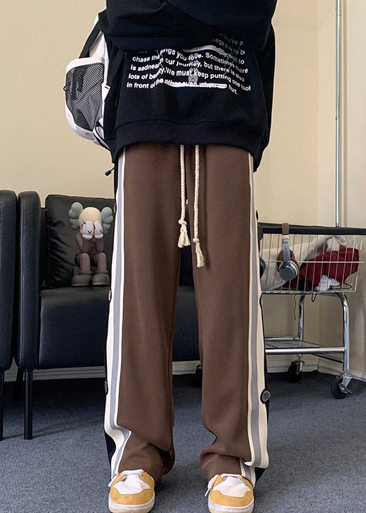 Cool Black Striped Drawstring Patchwork Cotton Mens Pants Spring