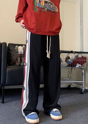 Cool Black Striped Drawstring Patchwork Cotton Mens Pants Spring