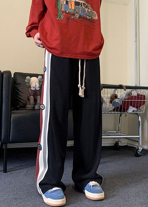 Cool Black Striped Drawstring Patchwork Cotton Mens Pants Spring