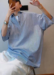 Cool Blue Oversized Striped Cotton Mens Tshirt Summer