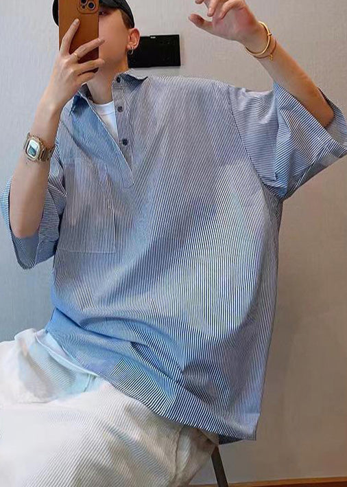 Cool Blue Oversized Striped Cotton Mens Tshirt Summer
