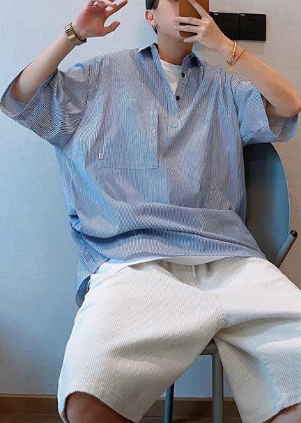 Cool Blue Oversized Striped Cotton Mens Tshirt Summer