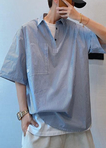 Cool Blue Oversized Striped Cotton Mens Tshirt Summer