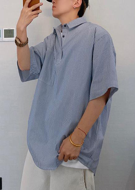 Cool Blue Oversized Striped Cotton Mens Tshirt Summer