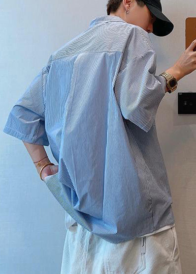 Cool Blue Oversized Striped Cotton Mens Tshirt Summer
