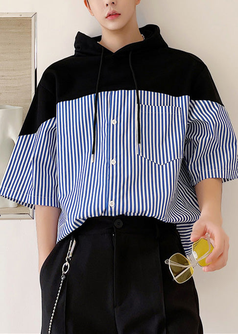 Cool Blue Striped Patchwork Cotton Men Hooded Sweatshirt Summer
