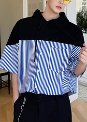 Cool Blue Striped Patchwork Cotton Men Hooded Sweatshirt Summer