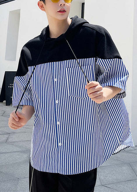 Cool Blue Striped Patchwork Cotton Men Hooded Sweatshirt Summer