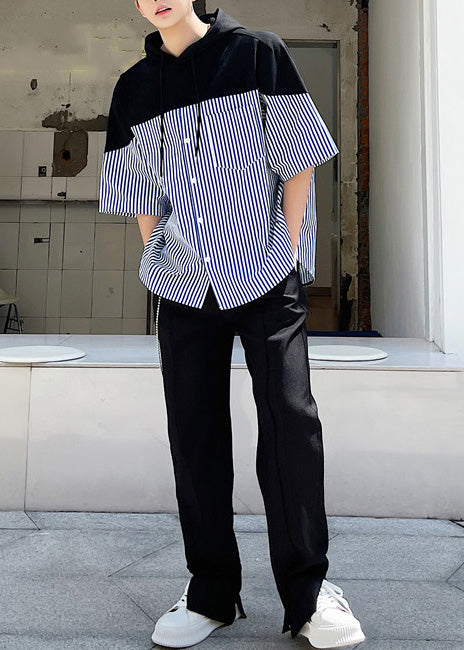 Cool Blue Striped Patchwork Cotton Men Hooded Sweatshirt Summer