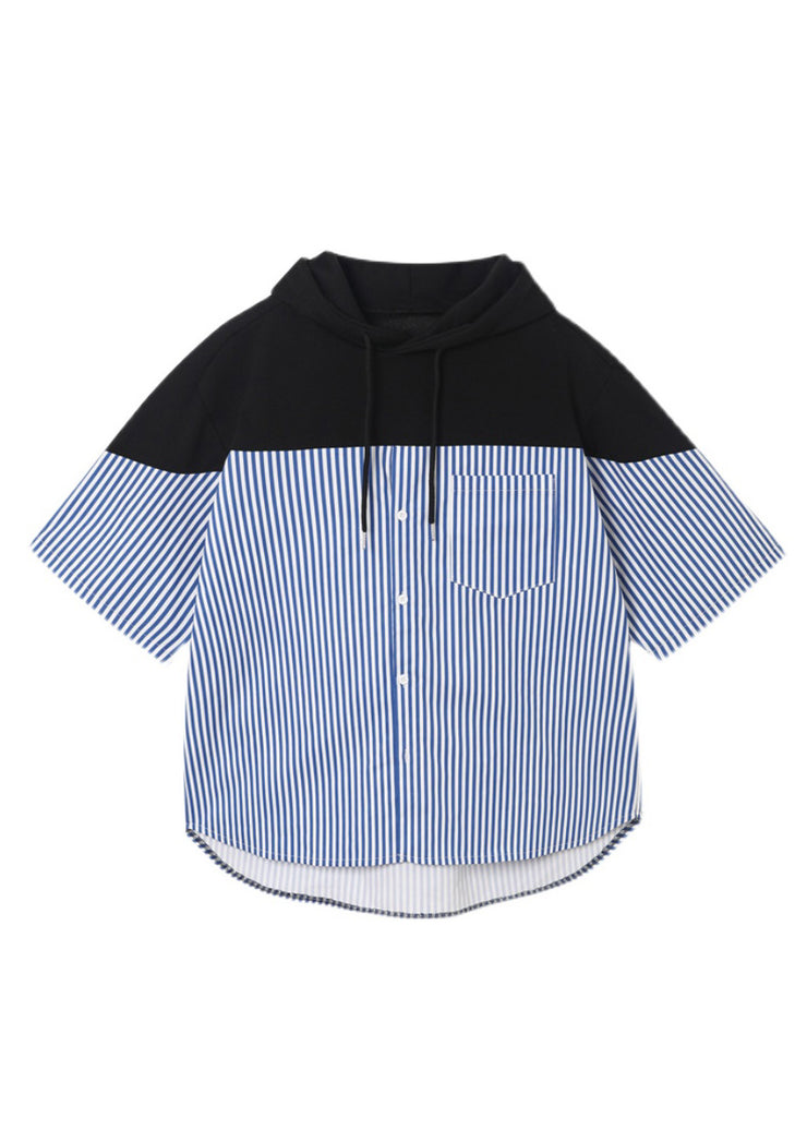 Cool Blue Striped Patchwork Cotton Men Hooded Sweatshirt Summer