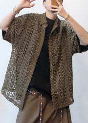 Cool Dark Brown Oversized Hollow Out Knit Polo Shirt Men Casual Clothing Summer