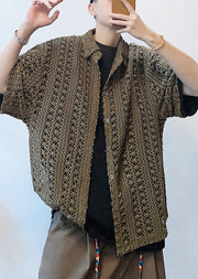 Cool Dark Brown Oversized Hollow Out Knit Polo Shirt Men Casual Clothing Summer