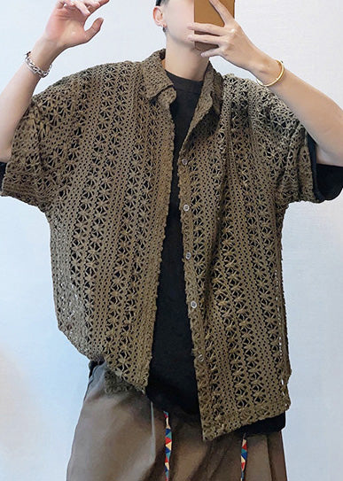 Cool Dark Brown Oversized Hollow Out Knit Polo Shirt Men Casual Clothing Summer