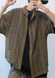 Cool Dark Brown Oversized Hollow Out Knit Polo Shirt Men Casual Clothing Summer