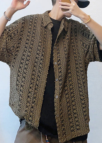 Cool Dark Brown Oversized Hollow Out Knit Polo Shirt Men Casual Clothing Summer