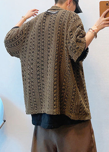 Cool Dark Brown Oversized Hollow Out Knit Polo Shirt Men Casual Clothing Summer