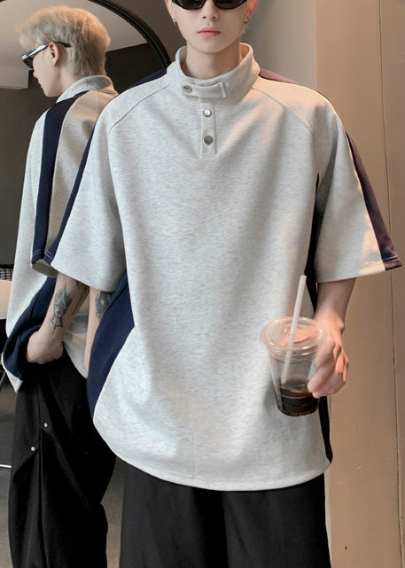 Cool Grey Stand Collar Patchwork Cotton Mens Graphic Tees Summer