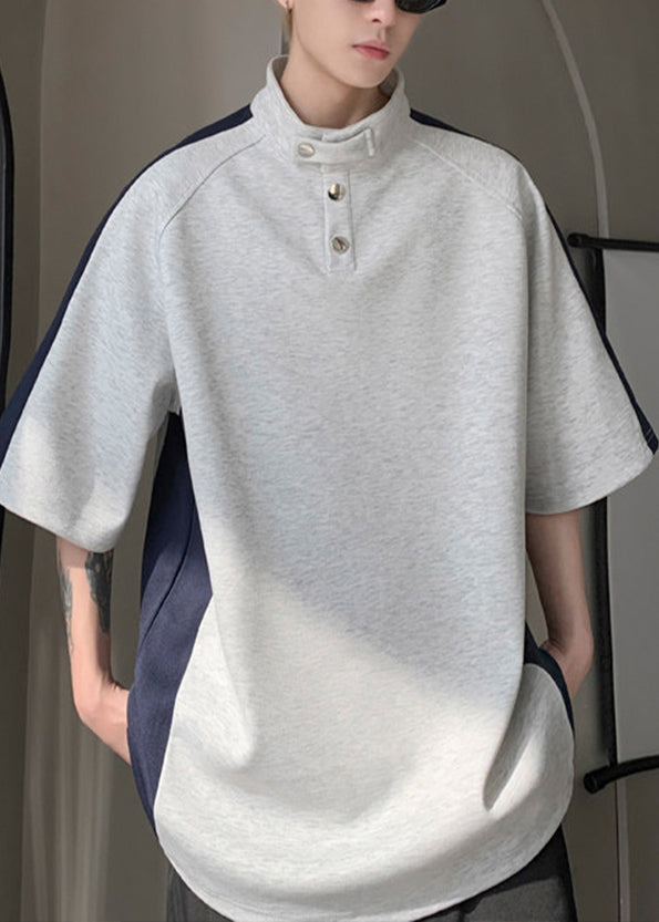 Cool Grey Stand Collar Patchwork Cotton Mens Graphic Tees Summer