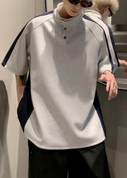 Cool Grey Stand Collar Patchwork Cotton Mens Graphic Tees Summer
