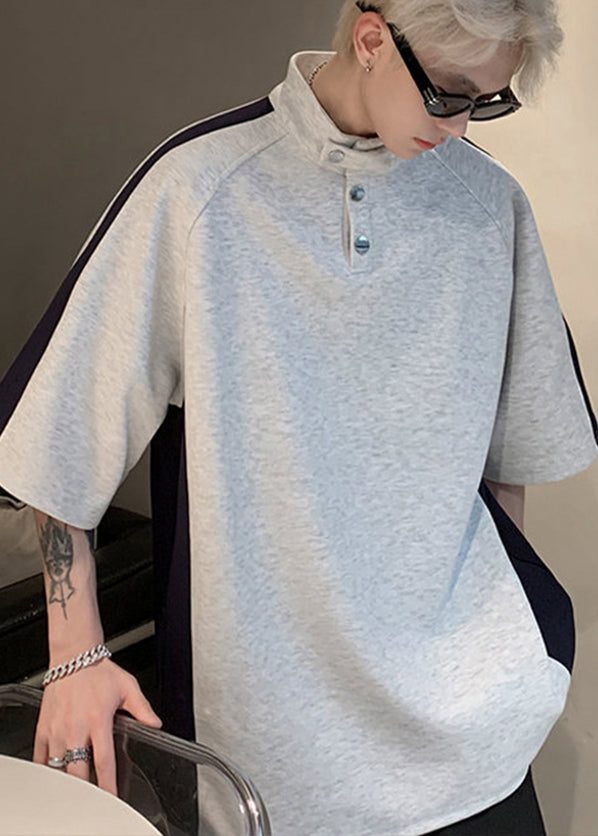 Cool Grey Stand Collar Patchwork Cotton Mens Graphic Tees Summer