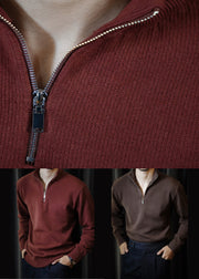 Cool Red Stand Collar Zip Up Knit Men Sweater Tops Winter