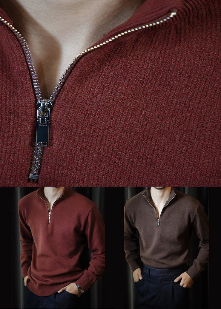 Cool Red Stand Collar Zip Up Knit Men Sweater Tops Winter