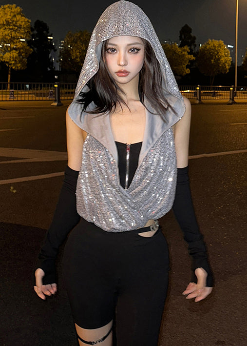 Cool Sequin Hooded Zipper Neck Hanging T-Shirt Two-Piece Set