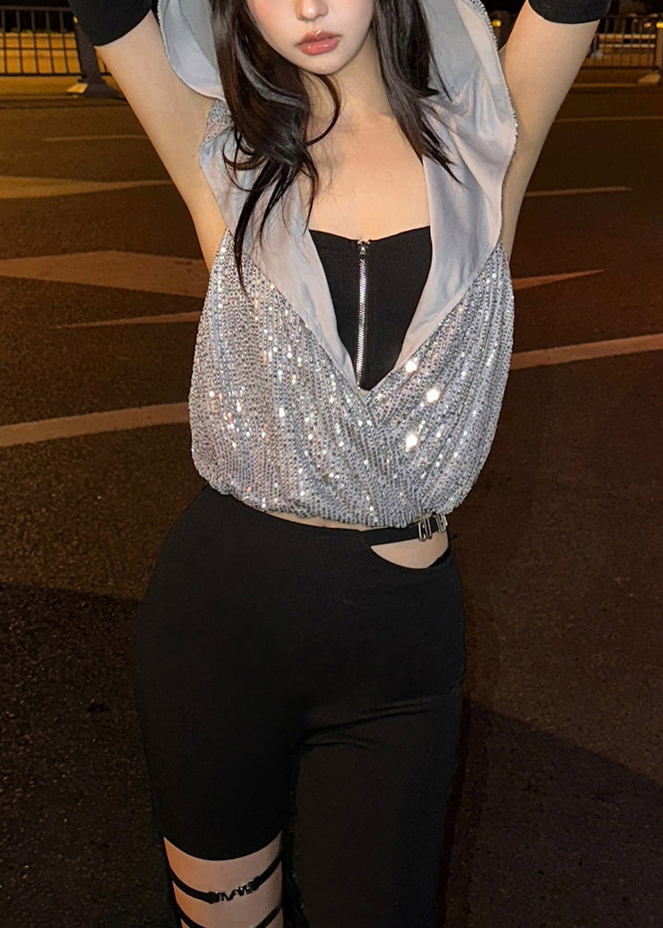 Cool Sequin Hooded Zipper Neck Hanging T-Shirt Two-Piece Set