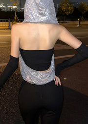 Cool Sequin Hooded Zipper Neck Hanging T-Shirt Two-Piece Set